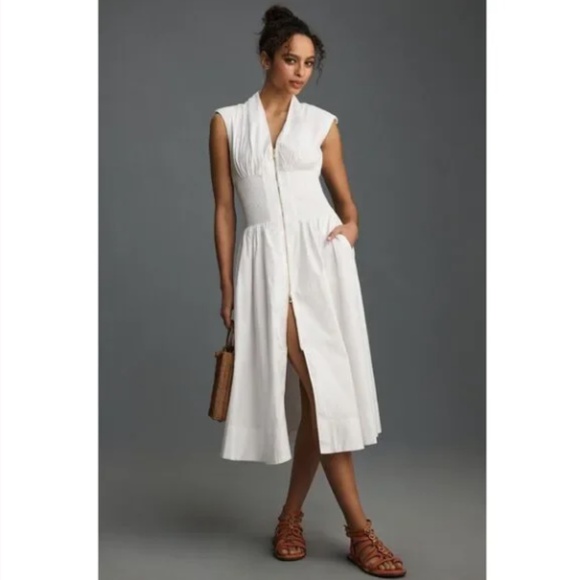 Anthropologie The Tommie Cap-Sleeve Smocked Front-Zip Shirt Dress White 2X - Picture 2 of 11